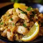 GARLIC LEMON CHICKEN QUINOA centered hero view, clean and uncluttered