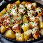 GARLIC PARMESAN CHICKEN AND POTATOES SKILLET centered hero view, clean and uncluttered