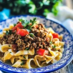 GROUND BEEF TURKISH PASTA recipe, served and ready to eat, easy homemade dinner