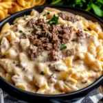 HIGH PROTEIN CREAMY BEEF PASTA centered hero view, clean and uncluttered