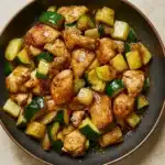 HONEY GARLIC CHICKEN AND ZUCCHINI SKILLET centered hero view, clean and uncluttered
