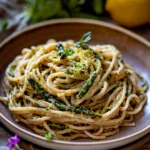 LEMON ASPARAGUS PASTA EASY SPRING DINNER centered hero view, clean and uncluttered