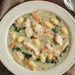 OLIVE GARDEN STYLE CHICKEN AND GNOCCHI SOUP centered hero view, clean and uncluttered