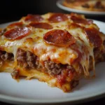 PIZZA CASSEROLE LOW CARB centered hero view, clean and uncluttered