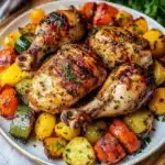 ROASTED GARLIC CHICKEN AND VEGETABLES centered hero view, clean and uncluttered