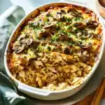 ROTISSERIE CHICKEN MUSHROOM AND RICE CASSEROLE centered hero view, clean and uncluttered