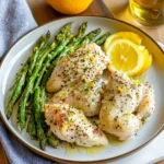 SHEET PAN CHICKEN ASPARAGUS LEMON centered hero view, clean and uncluttered