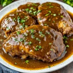 SLOW COOKER SALISBURY STEAK centered hero view, clean and uncluttered