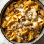 ONE PAN CHEESY BEEF SHELLS recipe, served and ready to eat, easy homemade dinner