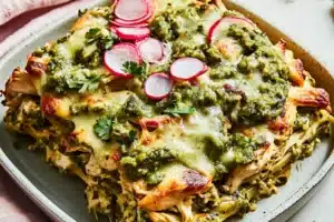 Salsa Verde Chicken Casserole Easy Weeknight Dinner SALSA VERDE CHICKEN CASSEROLE centered hero view, clean and uncluttered
