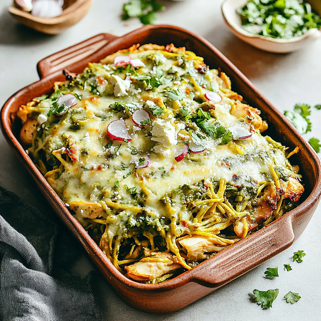 Salsa verde chicken casserole in baking dish with melted cheese and golden edges
