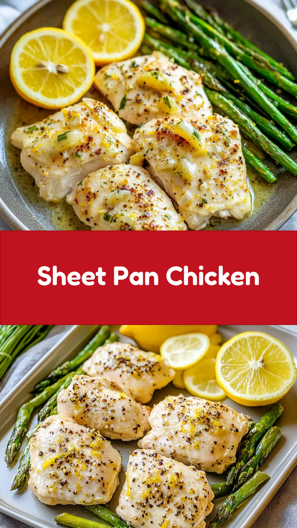 Sheet Pan Chicken Asparagus Lemon Easy Weeknight Dinner 7 Sheet pan chicken asparagus lemon centered hero view, clean and uncluttered