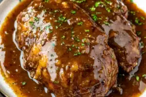 SLOW COOKER SALISBURY STEAK centered hero view, clean and uncluttered