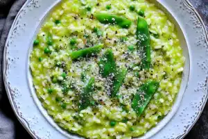 Spring Pea Risotto Easy Fresh Dinner for Busy Nights SPRING PEA RISOTTO centered hero view, clean and uncluttered