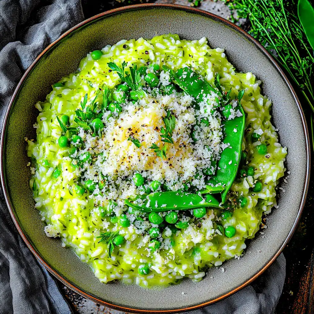 Spring pea risotto in a bowl, bright green and creamy, garnished with fresh mint