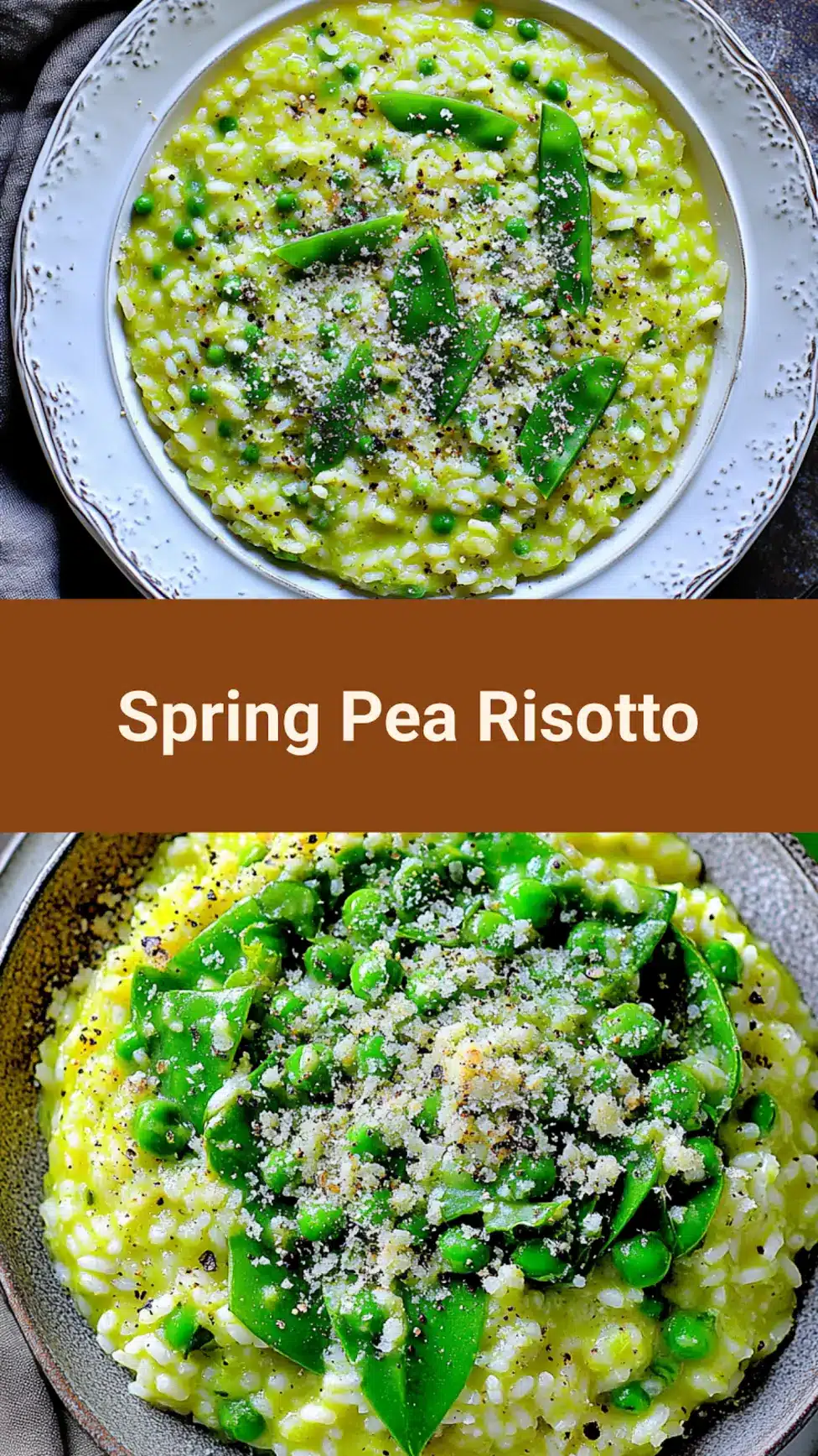 Spring pea risotto pin image, vibrant green and beautifully plated