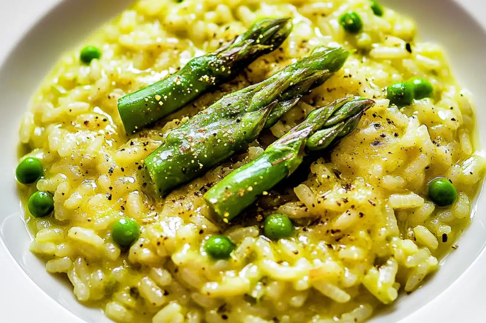 SPRING RISOTTO WITH ASPARAGUS AND PEAS centered hero view, clean and uncluttered