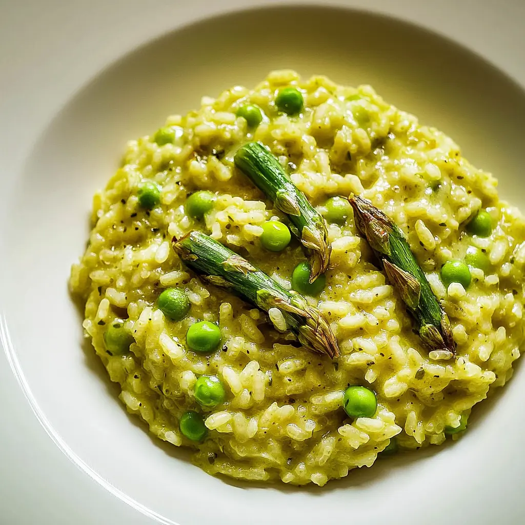 Spring risotto with asparagus and peas centered hero view, clean and uncluttered