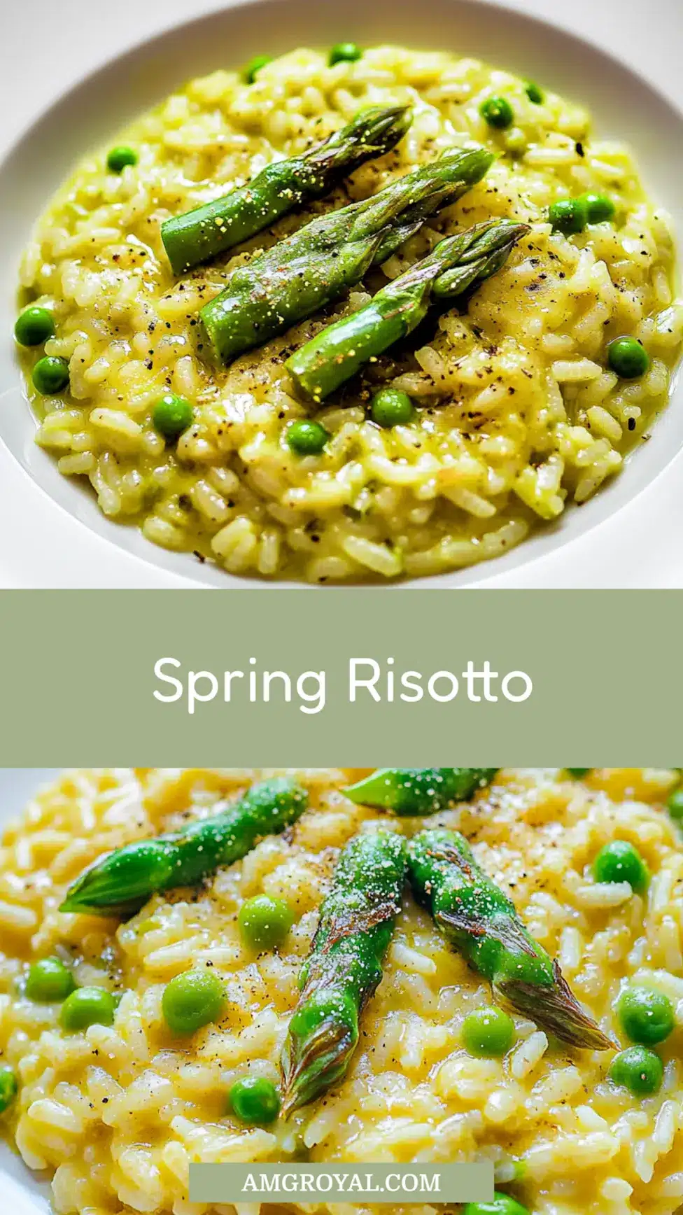 Spring risotto with asparagus and peas centered hero view, clean and uncluttered pin