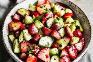 STRAWBERRY CUCUMBER SALAD centered hero view, clean and uncluttered