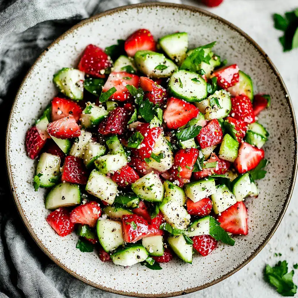 Strawberry cucumber salad with fresh herbs and feta cheese on a serving plate