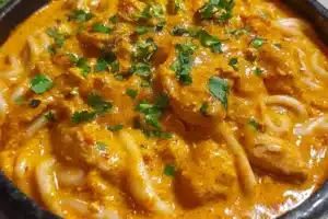 THAI INSPIRED COCONUT RED CURRY CHICKEN UDON centered hero view, clean and uncluttered