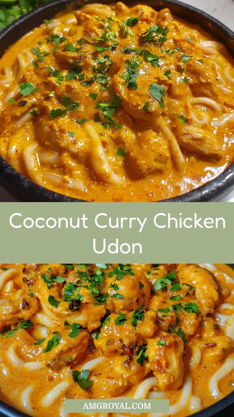 Thai Inspired Coconut Red Curry Chicken Udon centered hero view, clean and uncluttered pin