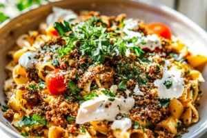 Viral Turkish Pasta Ground Meat Comforting Easy Weeknight TURKISH PASTA GROUND MEAT recipe, served and ready to eat, easy homemade dinner