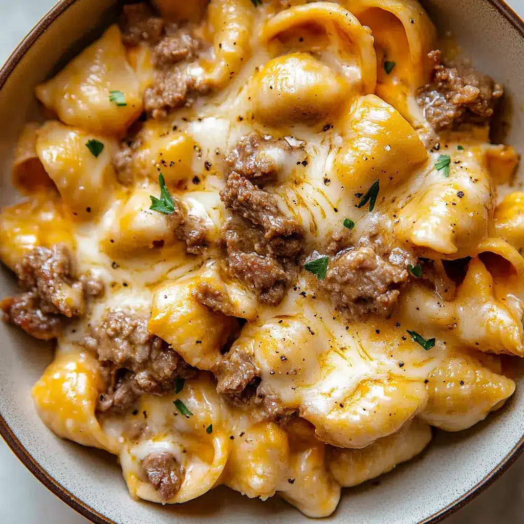 ONE PAN CHEESY BEEF SHELLS recipe, served and ready to eat, easy homemade dinner