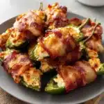 Air Fryer Bacon Wrapped Jalapeno Poppers recipe, served and ready to eat, easy homemade dinner