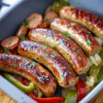 Air Fryer Brats recipe, served and ready to eat, easy homemade dinner