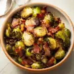 Air Fryer Brussels Sprouts Bacon recipe, served and ready to eat, easy homemade dinner
