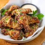 Air Fryer Garlic Parmesan Chicken Wings recipe, served and ready to eat, easy homemade dinner