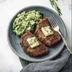 Air Fryer Steak Butter Herb recipe, served and ready to eat, easy homemade dinner