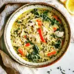 CHICKEN SOUP LEMON ORZO recipe, served and ready to eat, easy homemade dinner