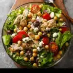 Chickpea Feta Chicken Salad recipe, served and ready to eat, easy homemade dinner