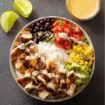 Chipotle Chicken Burrito Bowl recipe, served and ready to eat, easy homemade dinner