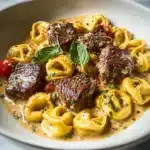 Cracked Garlic Steak Tortellini Creamhouse Sauce recipe, served and ready to eat, easy homemade dinner