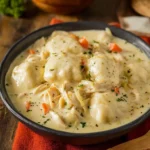 Cracker Barrel Chicken and Dumplings recipe, served and ready to eat, easy homemade dinner