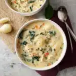 Creamy Chicken and Gnocchi Soup recipe, served and ready to eat, easy homemade dinner