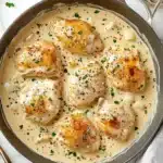 CREAMY GARLIC CHICKEN SKILLET recipe, served and ready to eat, easy homemade dinner