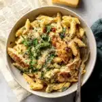 Creamy Garlic Parmesan Chicken Pasta Bake recipe, served and ready to eat, easy homemade dinner
