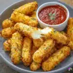 Crispy Air Fryer Mozzarella Sticks recipe, served and ready to eat, easy homemade dinner