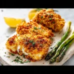 Crispy Air Fryer Parmesan Crusted Cod recipe, served and ready to eat, easy homemade dinner