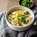 Crockpot White Chicken Chili recipe, served and ready to eat, easy homemade dinner