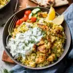 Dump And Bake Chicken Tzatziki Rice recipe, served and ready to eat, easy homemade dinner