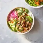 High Protein Chicken Poke Bowl recipe, served and ready to eat, easy homemade dinner