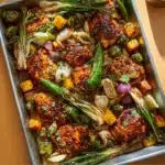 Hot Honey Chicken Sheet Pan recipe, served and ready to eat, easy homemade dinner