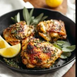 Lemon Herb Roasted Chicken Thighs recipe, served and ready to eat, easy homemade dinner