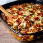 Low Carb Pizza Casserole recipe, served and ready to eat, easy homemade dish
